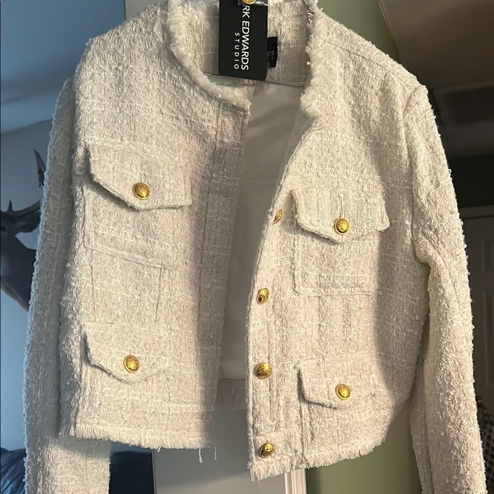 White and Gold Textured Blazer with Stand-Up Collar